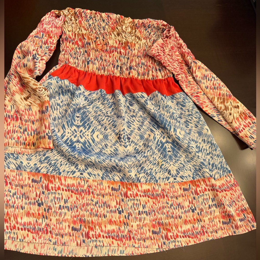 Smocked Long-Sleeve Casual Dress in Red, Blue & Cream